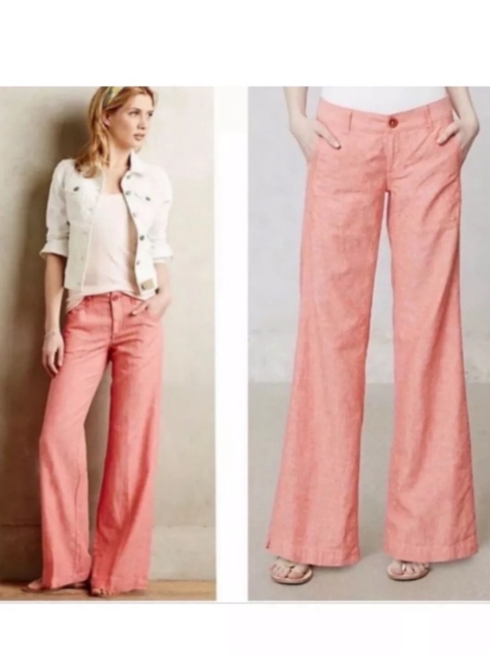 Pilcro Linen Cotton Wide Leg Pants Size 6 Pink Coastal Lagenlook Beach Vacation